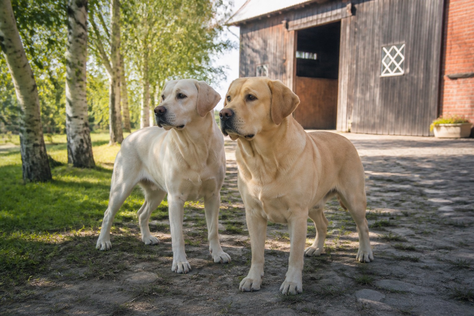 Zwei Labrador auf dem Hof